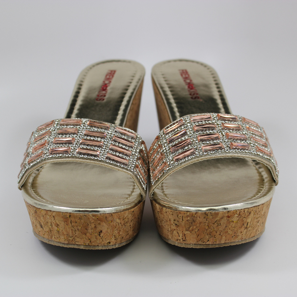 FRENCH KISS GOLD PATENT RHINESTONE CORK WEDGE - Picture 2 of 2